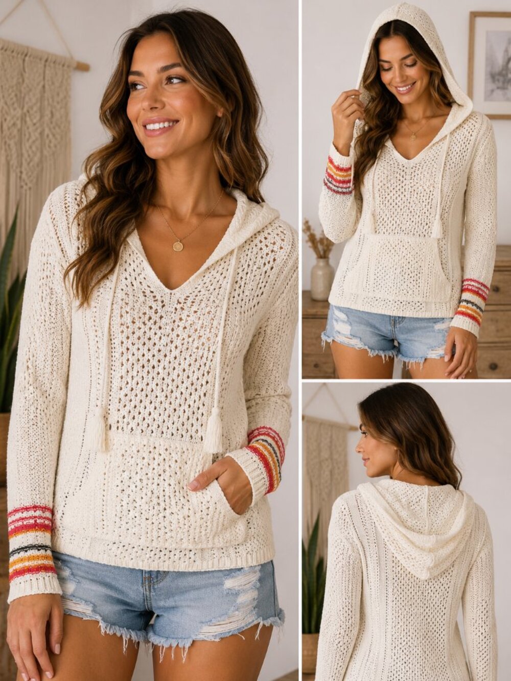 BKE Women's Cream Cotton Hooded Knit Pullover Multicolor Striped Cuffs S